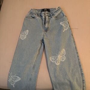 Hollister Light Blue Straight Leg Jeans with Butterfly Design